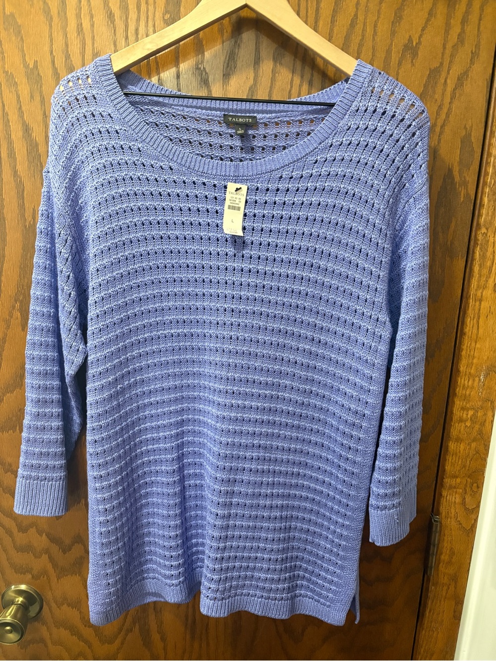 Talbots Lavender Periwinkle Cotton Open-Knit 3/4 Sleeve Sweater Large New